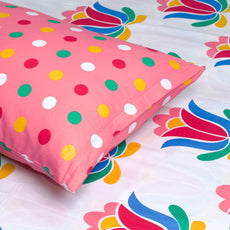 Blue & Pink Red Lotus Floral Print 100% Cotton Flat Single Bedsheet, 144 TC