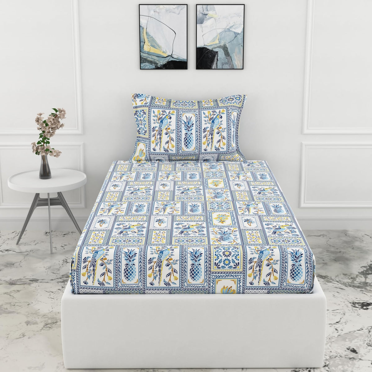Loreto Cotton Single Fitted Bedsheet | Royal Parrot Flora Print Blue
