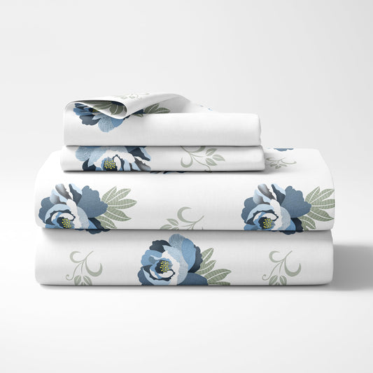 Navy Floral Double Bedsheet - 210 TC 100% Cotton with 2 Pillow Covers (90 x 90 Inches)