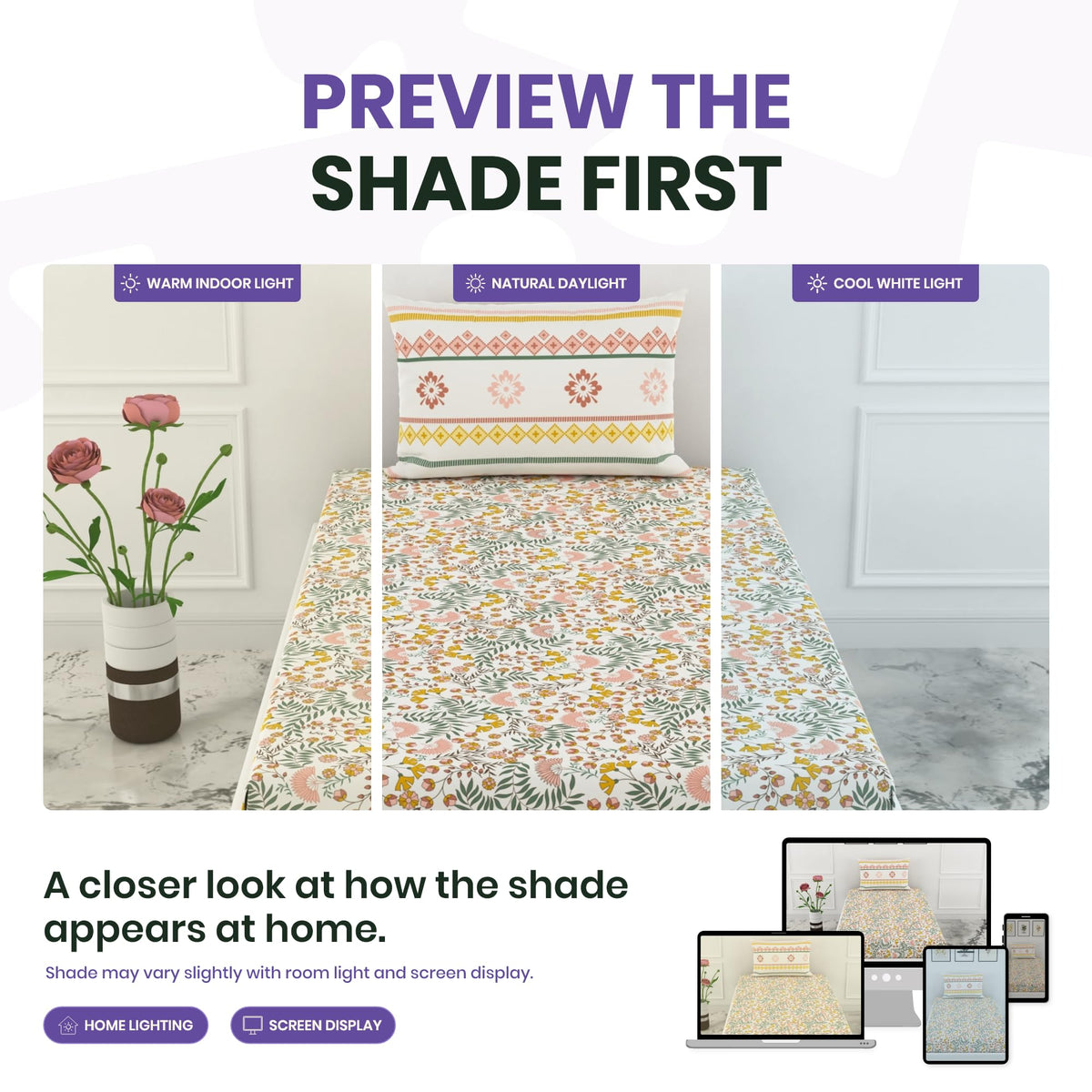 Ditsy Fresh Floral 144 TC 100% Cotton Elastic Fitted Single Bedsheet with 1 Pillow Cover - 78 x 36 Inches