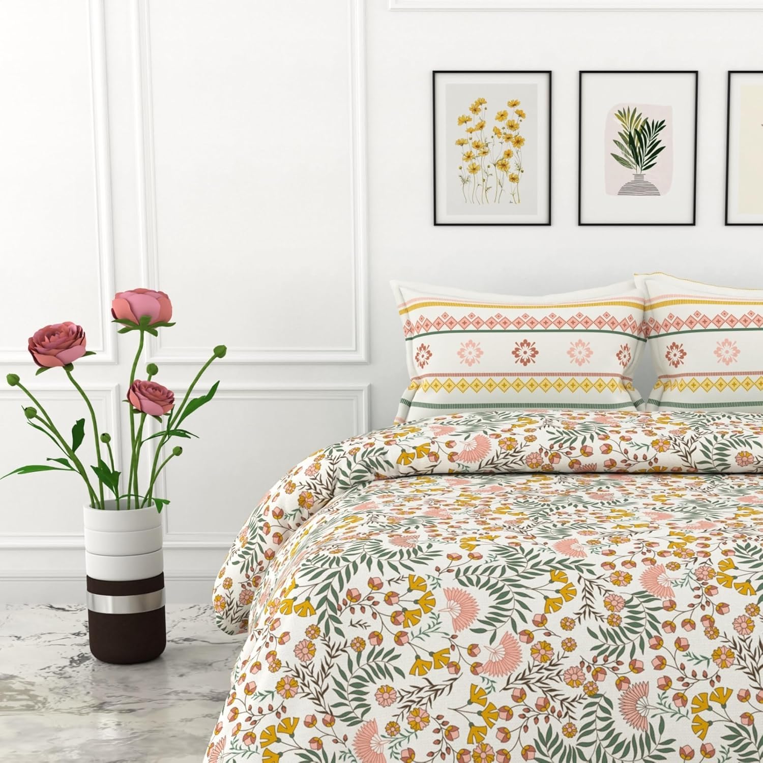 Ditsy Fresh Floral 100% Cotton Double Fitted Bedsheet, 144 TC, 78 x 60 Inches