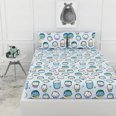 Kawaii Pastel 100% Cotton King Size Fitted Bedsheet 78 x 72 Inches with 2 Pillow Covers | Soft & Breathable 144 TC Fabric