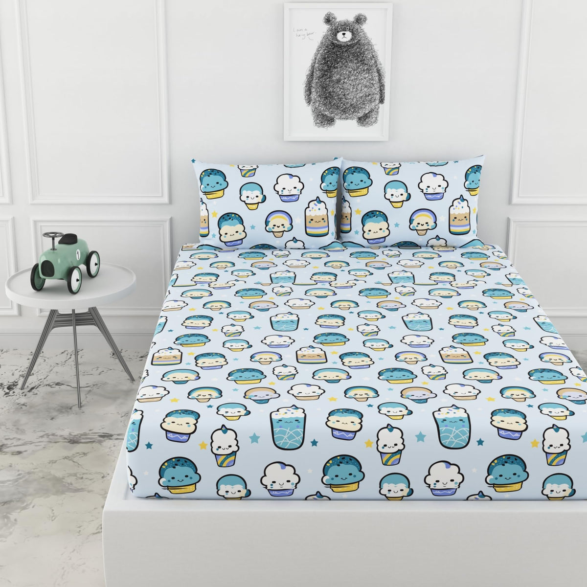 Kawaii Pastel 100% Cotton King Size Fitted Bedsheet 78 x 72 Inches with 2 Pillow Covers | Soft & Breathable 144 TC Fabric