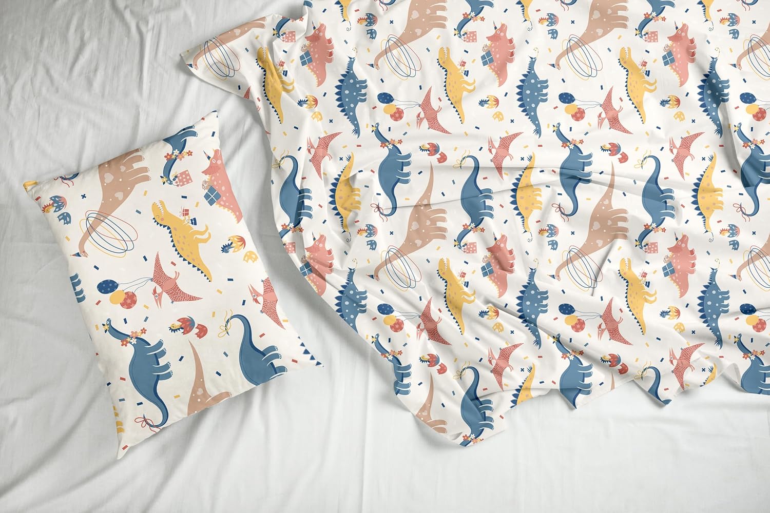 Coral Blue Dino Party Soft & Breathable 100% Cotton Flat King Bedsheet, 144 TC