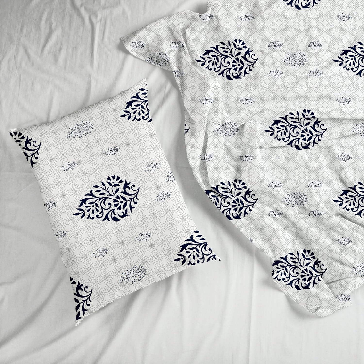 Navy Blue Floral Motif 186 TC Cotton King Size Elastic Fitted Bedsheet with 2 Pillow Covers - 78 x 72 Inches