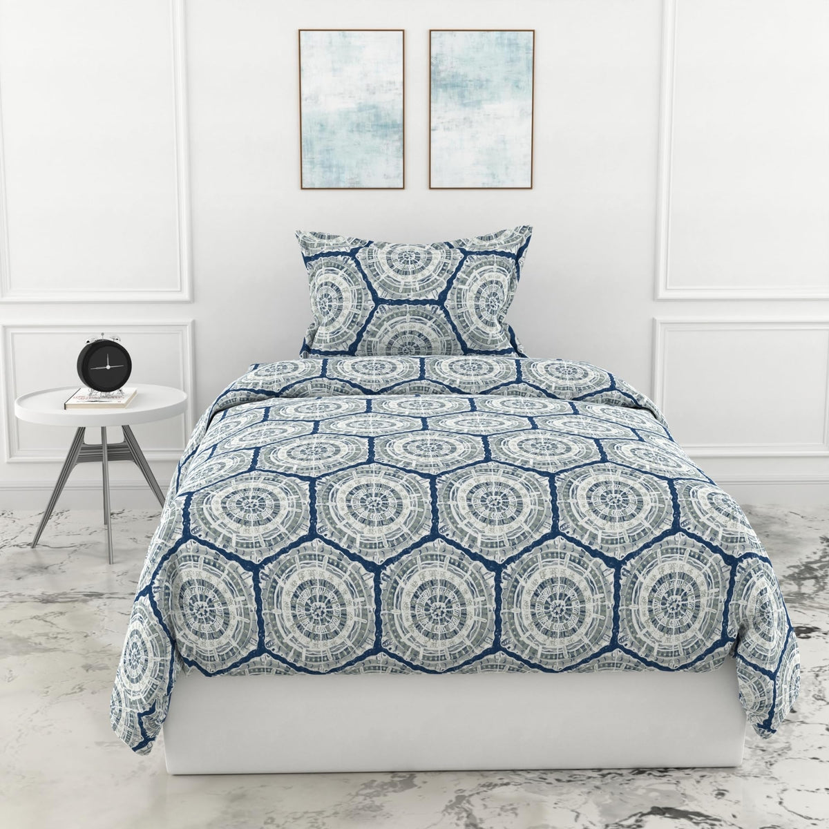 Loreto Hexa Garden Blue Single Bedsheet | 144 TC | 100% Cotton - main product image