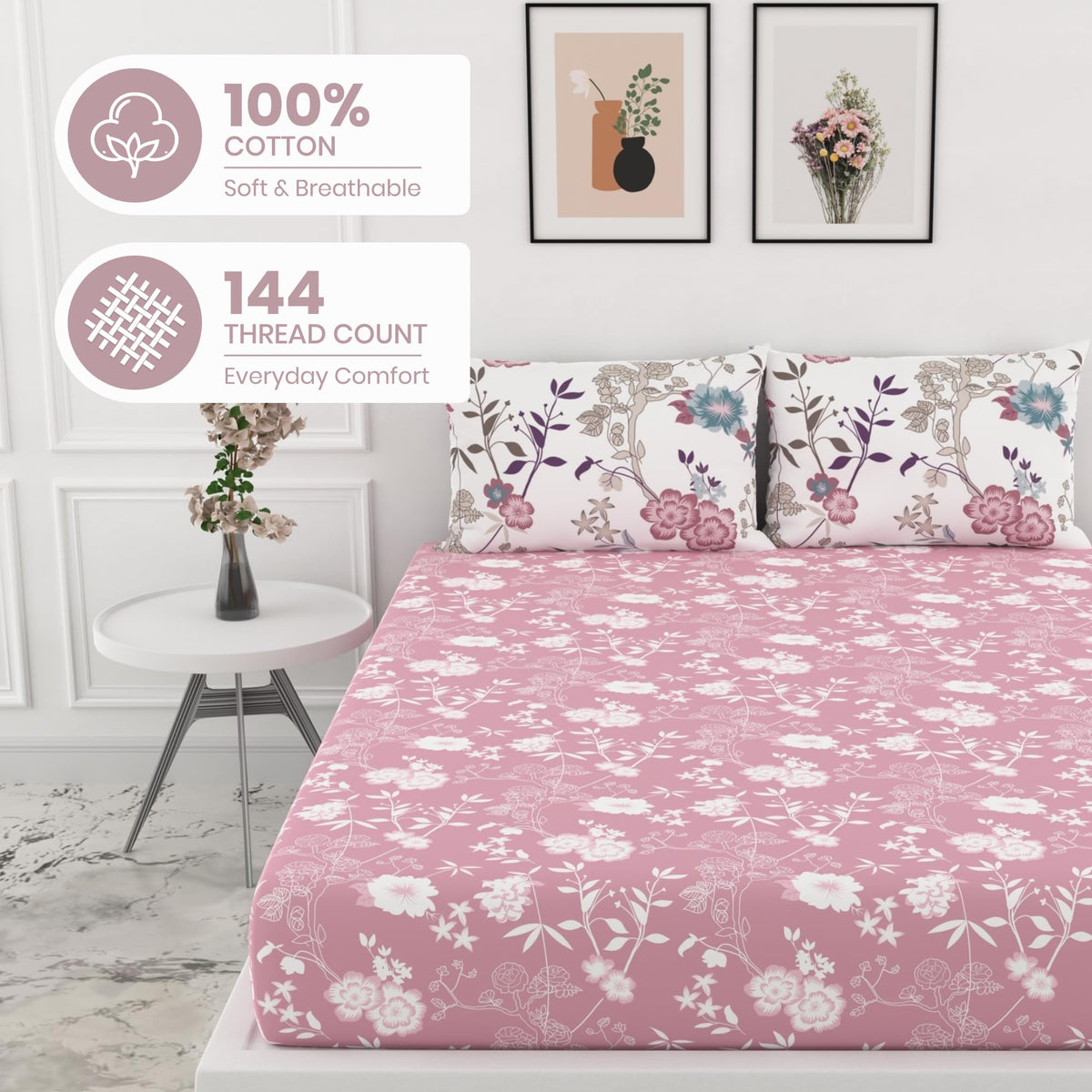 Pink Floral 100% Cotton Double Fitted Bedsheet with Pillow Covers, 144 TC, 78 x 60 Inches