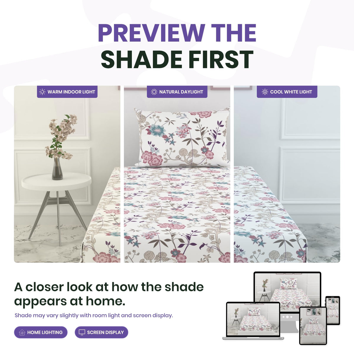 Pink & Teal Floral 144 TC 100% Cotton Elastic Fitted Single Bedsheet with 1 Pillow Cover - 78 x 36 Inches