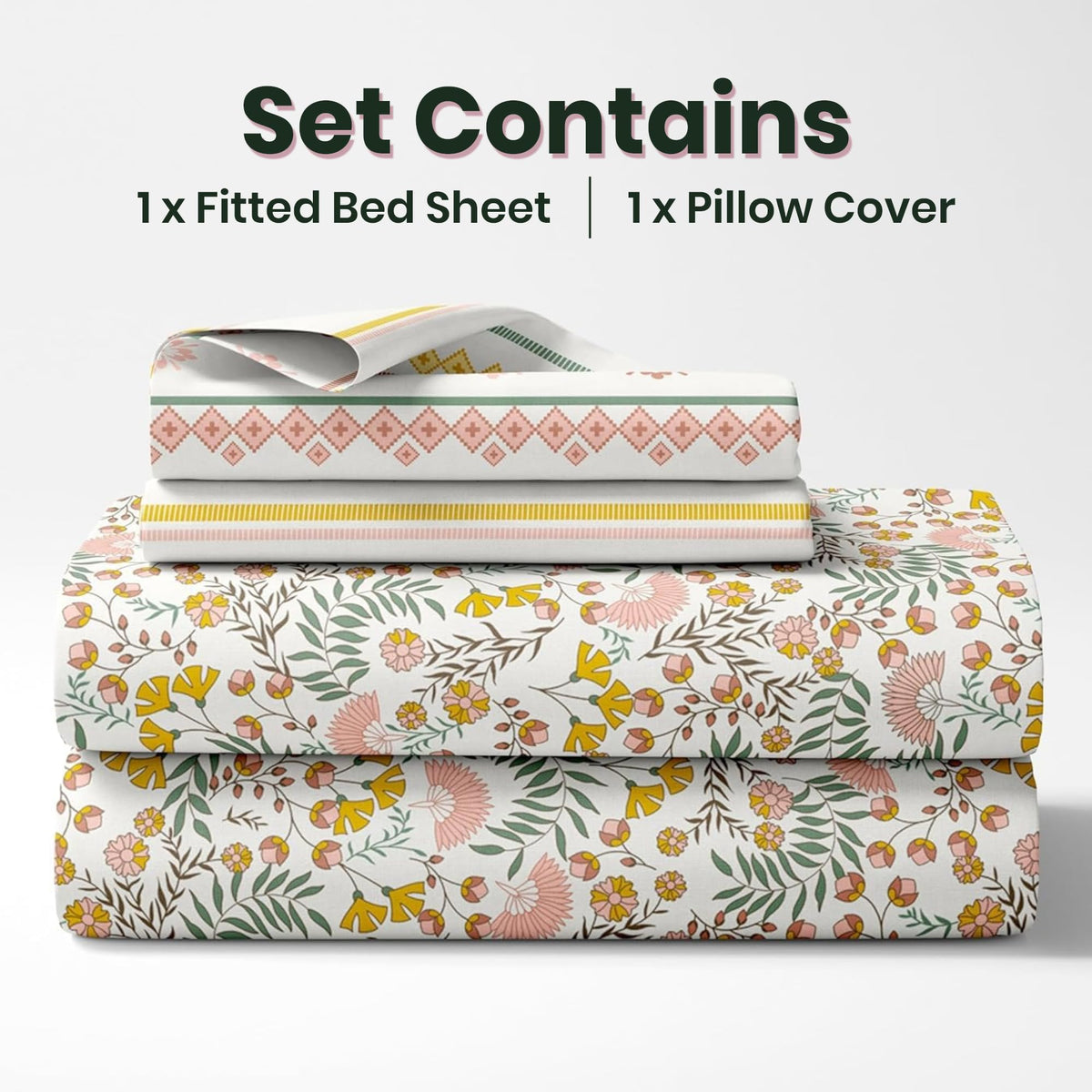 Ditsy Fresh Floral 144 TC 100% Cotton Elastic Fitted Single Bedsheet with 1 Pillow Cover - 78 x 36 Inches