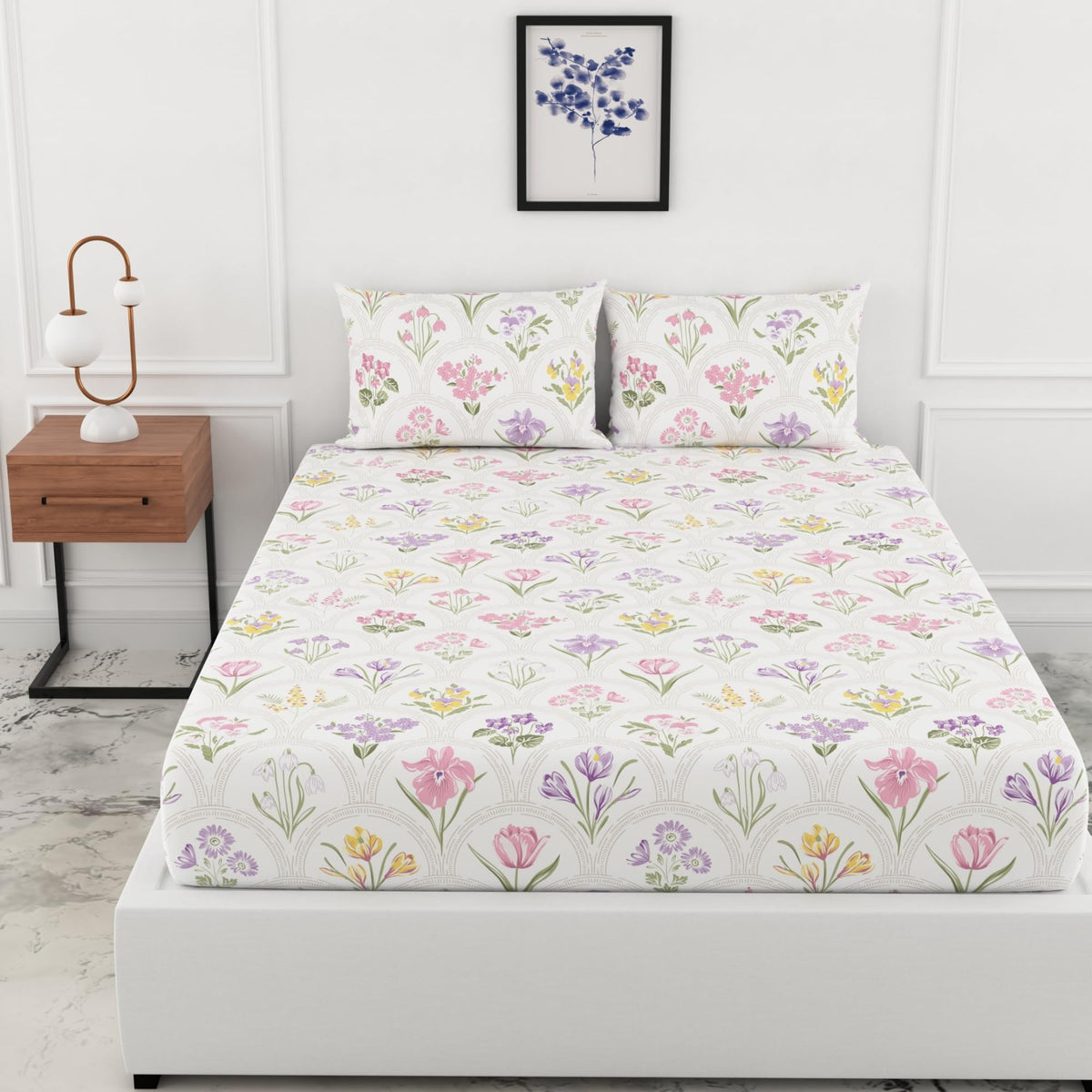 Loreto White Pink & Lavender Pastel Floral Double Fitted Bedsheet | 186 TC | 100% Cotton | Fits 78 x 60 Inches | 8 Inch Pocket - main product image