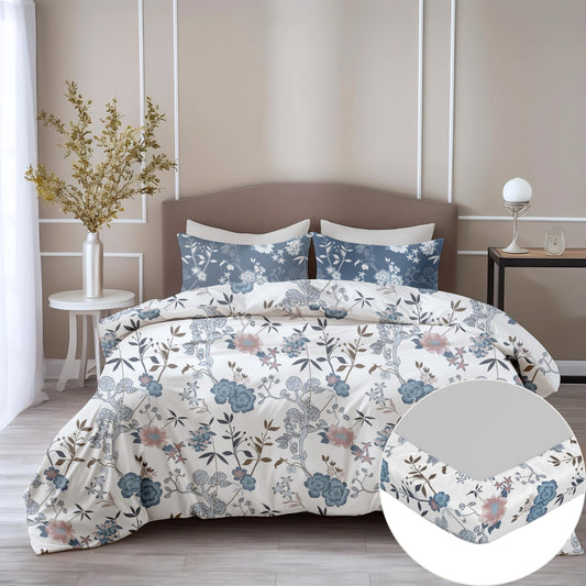 Loreto Cotton King Fitted Bedsheet | Blue & Blush Garden