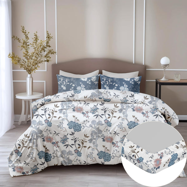 Loreto Cotton Double Fitted Bedsheet | Blue & Blush Garden
