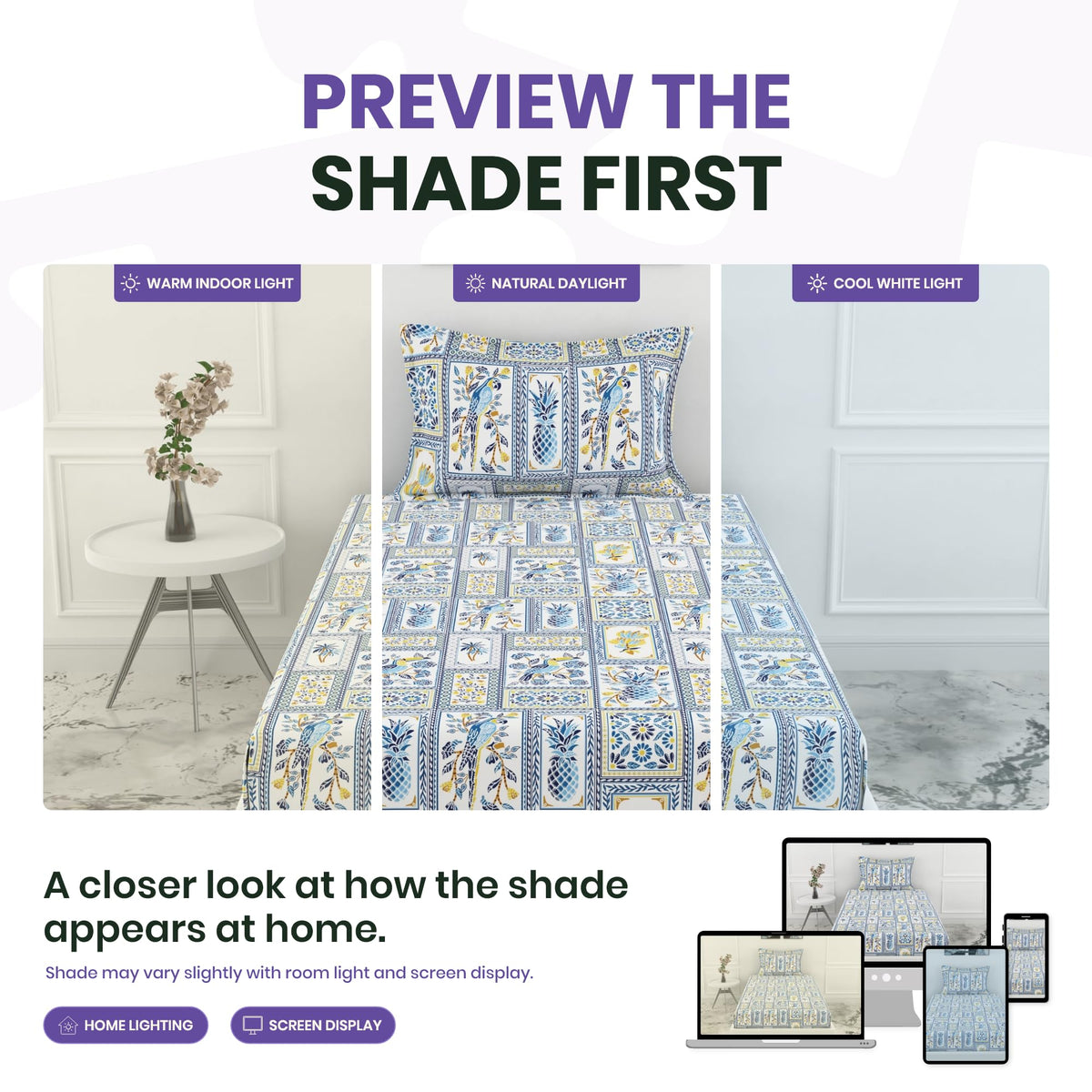 Royal Parrot Flora Print Blue 100% Cotton Elastic Fitted Bedsheet for Single Bed with Pillow Cover | All Around Elastic | 78 x 36 Inches, 144 TC
