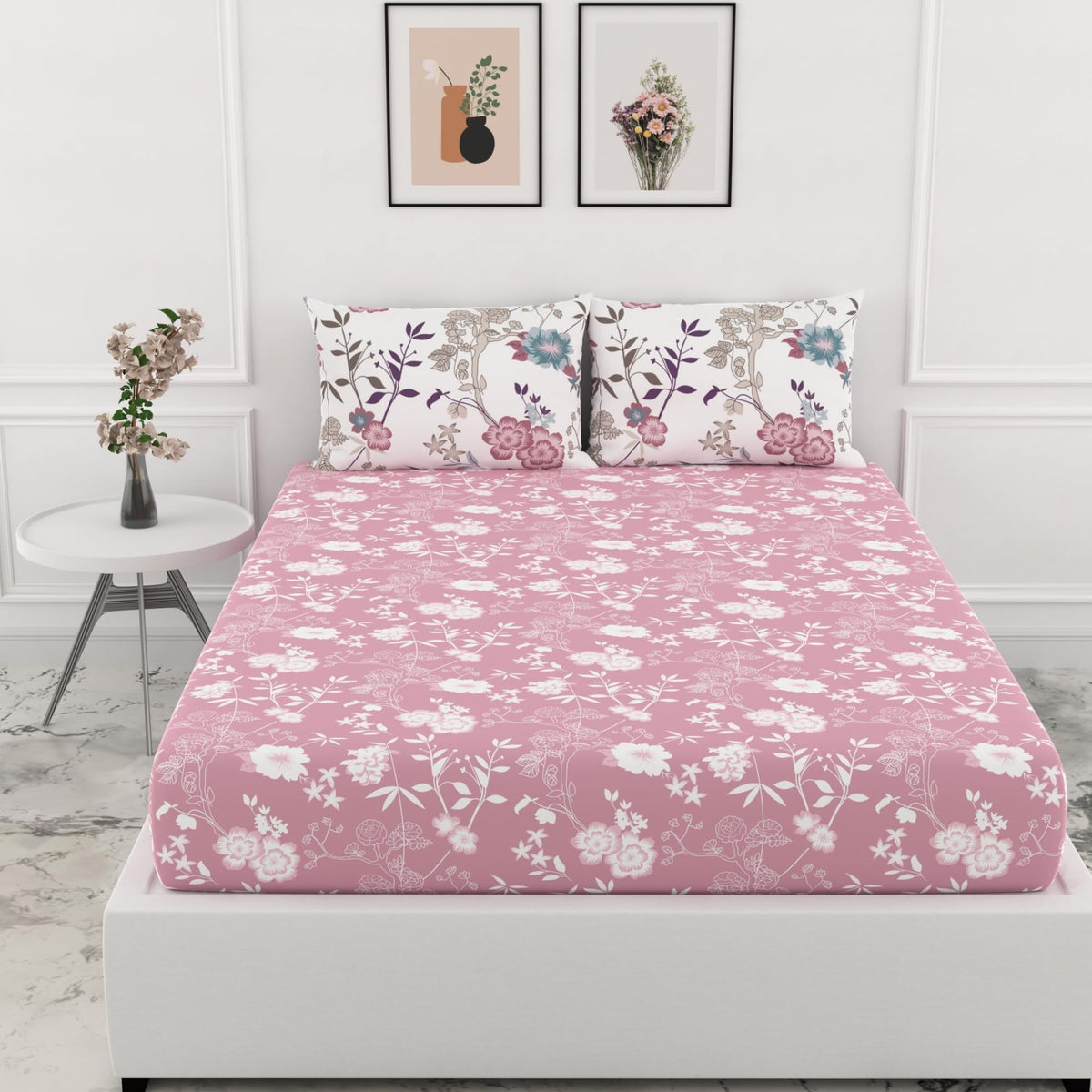 Pink Floral 100% Cotton Double Fitted Bedsheet with Pillow Covers, 144 TC, 78 x 60 Inches