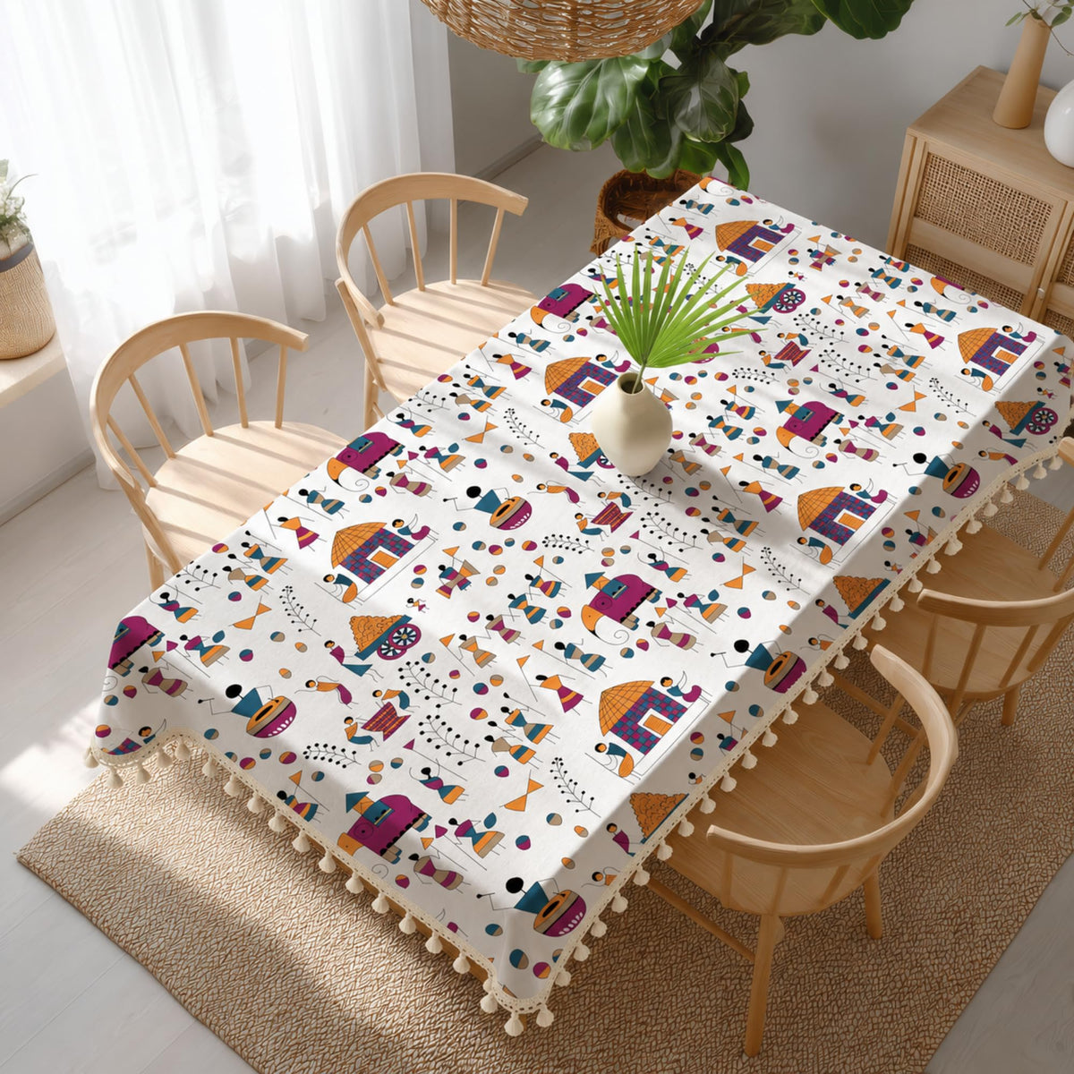 Loreto Multicolor Tribal Motifs on Crisp White Cotton Dining Table Cover | 48 x 60 Inches - main product image