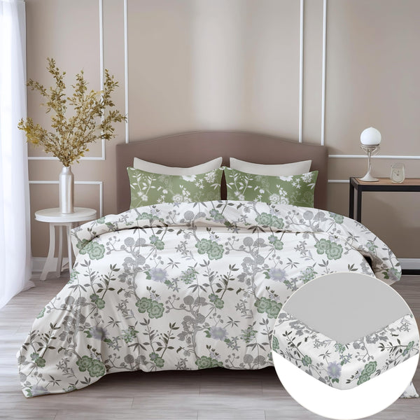 Loreto Cotton Double Fitted Bedsheet | Green Floral Harmony