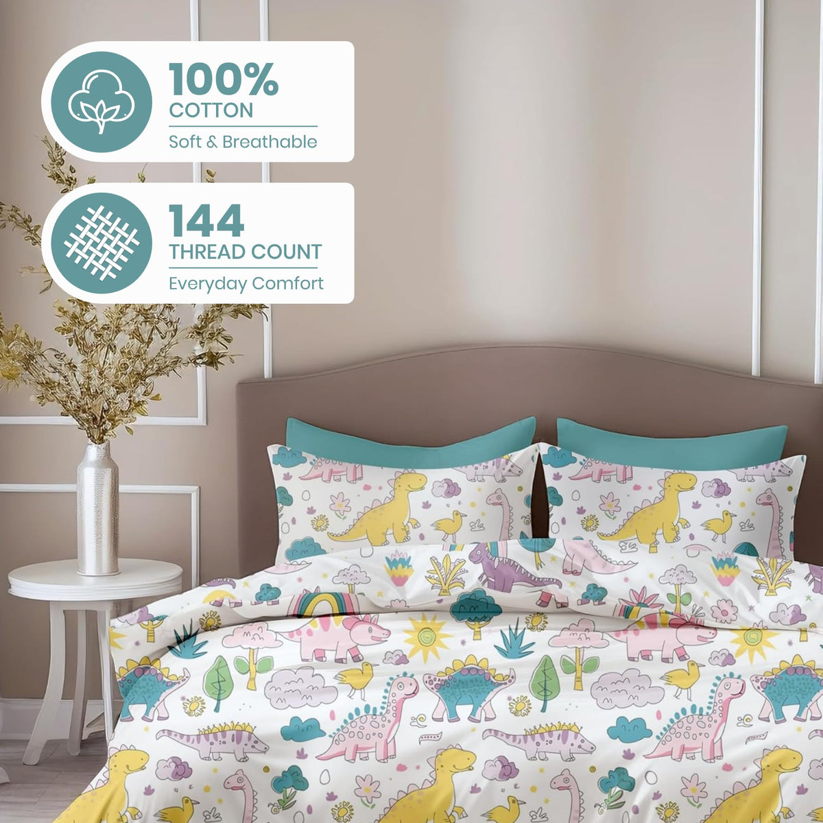 Rainbow Dino Fun Soft & Breathable 100% Cotton Flat King Bedsheet, 144 TC