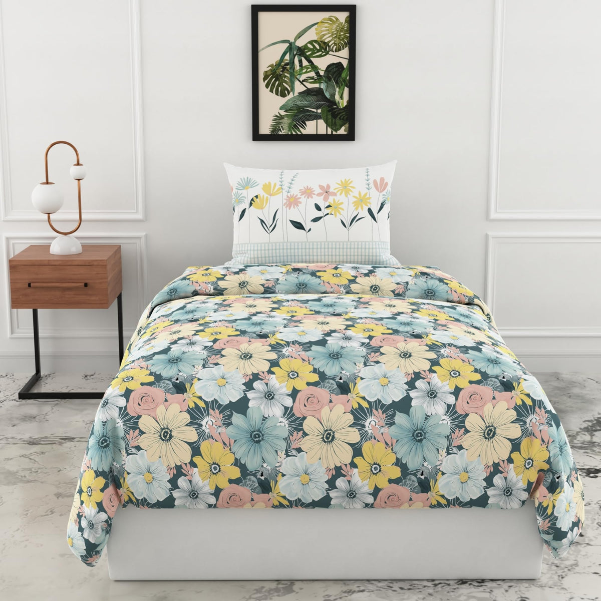 Loreto Dusty Teal Pastel Floral Single Bedsheet | 186 TC | 100% Cotton | 58 x 88 Inches - main product image