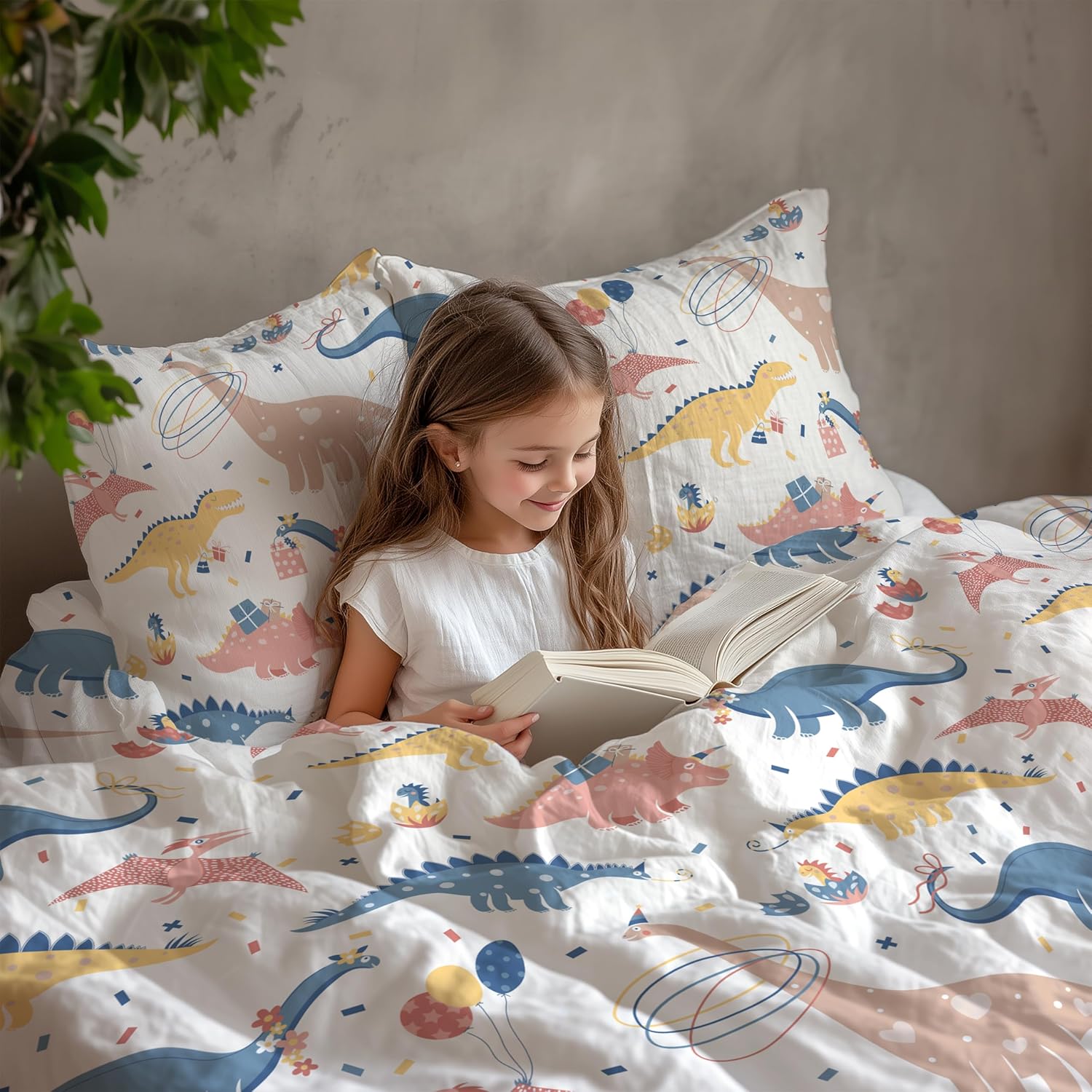 Coral Blue Dino Party Soft & Breathable 100% Cotton Flat King Bedsheet, 144 TC