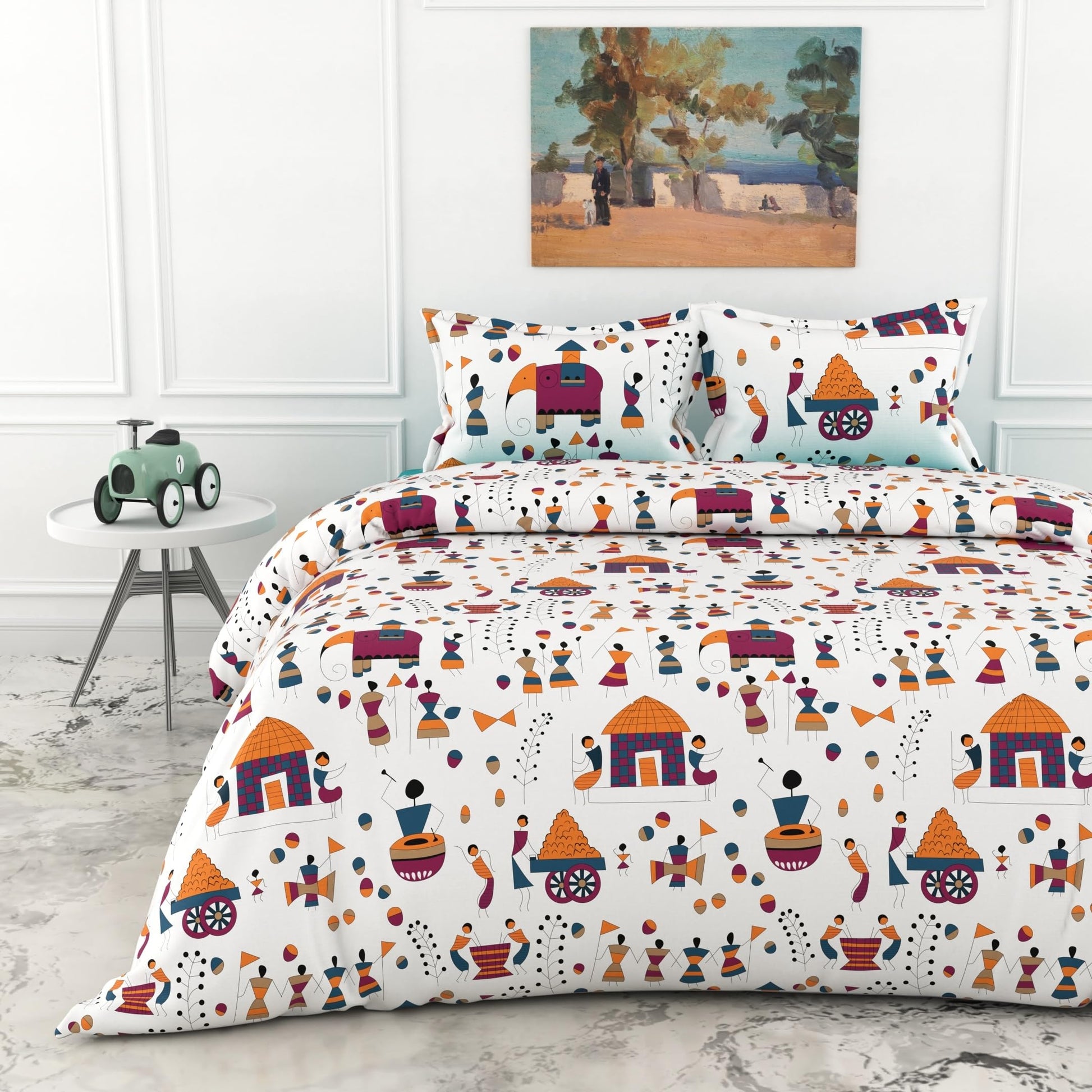 Multicolor Tribal Motifs on Crisp White 186 TC Cotton Double Bedsheet, 90 x 90 Inches — Soft Percale Weave with 2 Pillow Covers, Durable & Breathable