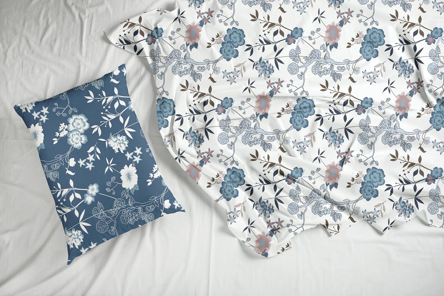 Dusty Blue & Blush Garden Soft & Breathable 100% Cotton Flat Single Bedsheet, 144 TC