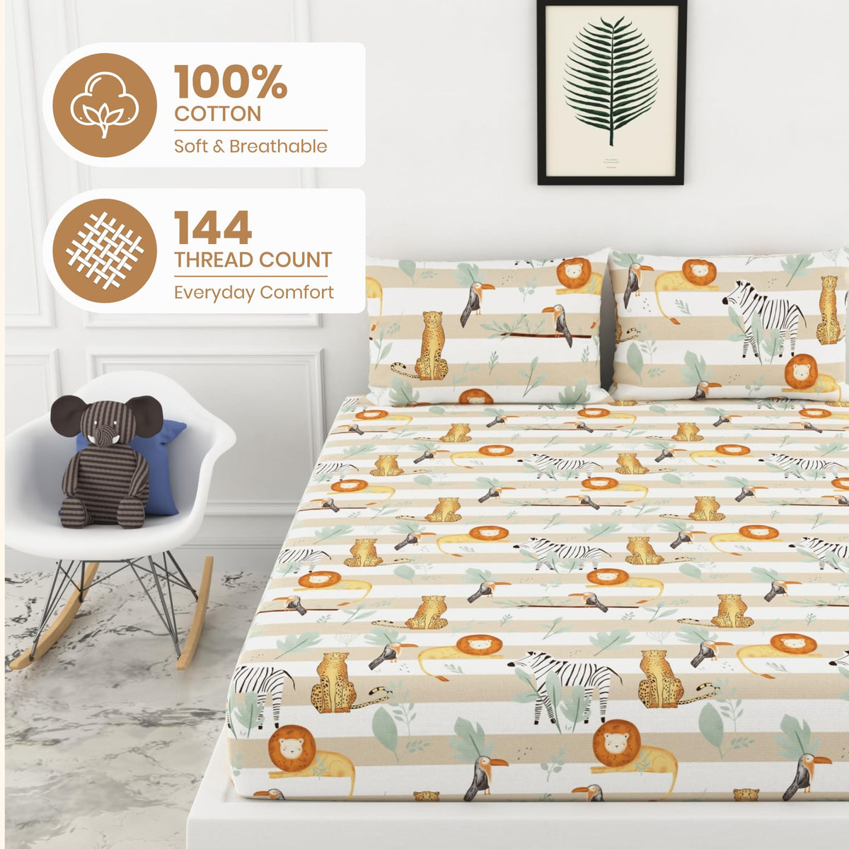 100% Cotton King Size Fitted Bedsheet 78 x 72 Inches with 2 Pillow Covers | Jungle Beige & Green Print | Soft & Breathable 144 TC Fabric