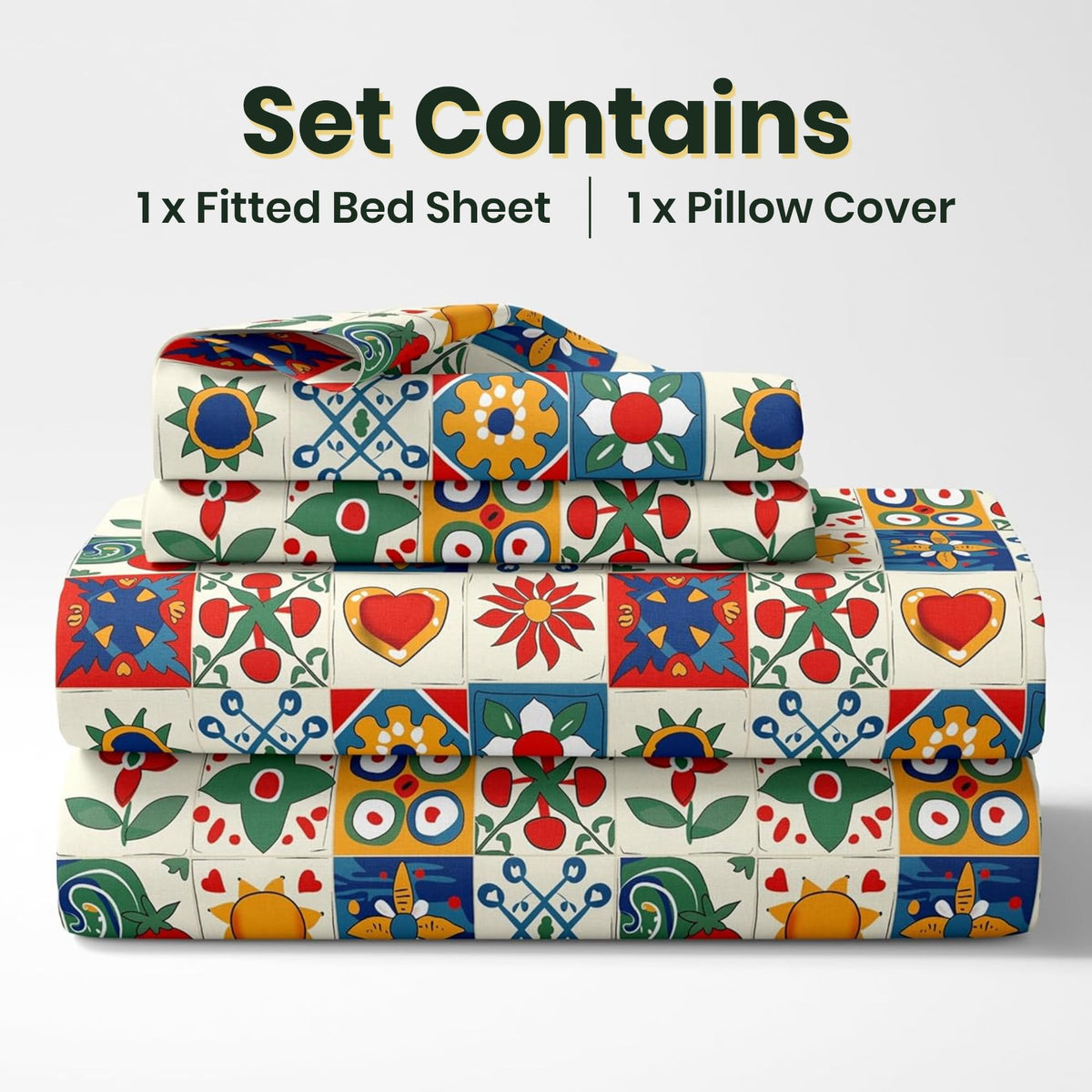 Red & Cobalt Blue 144 TC 100% Cotton Elastic Fitted Single Bedsheet with 1 Pillow Cover - 78 x 36 Inches