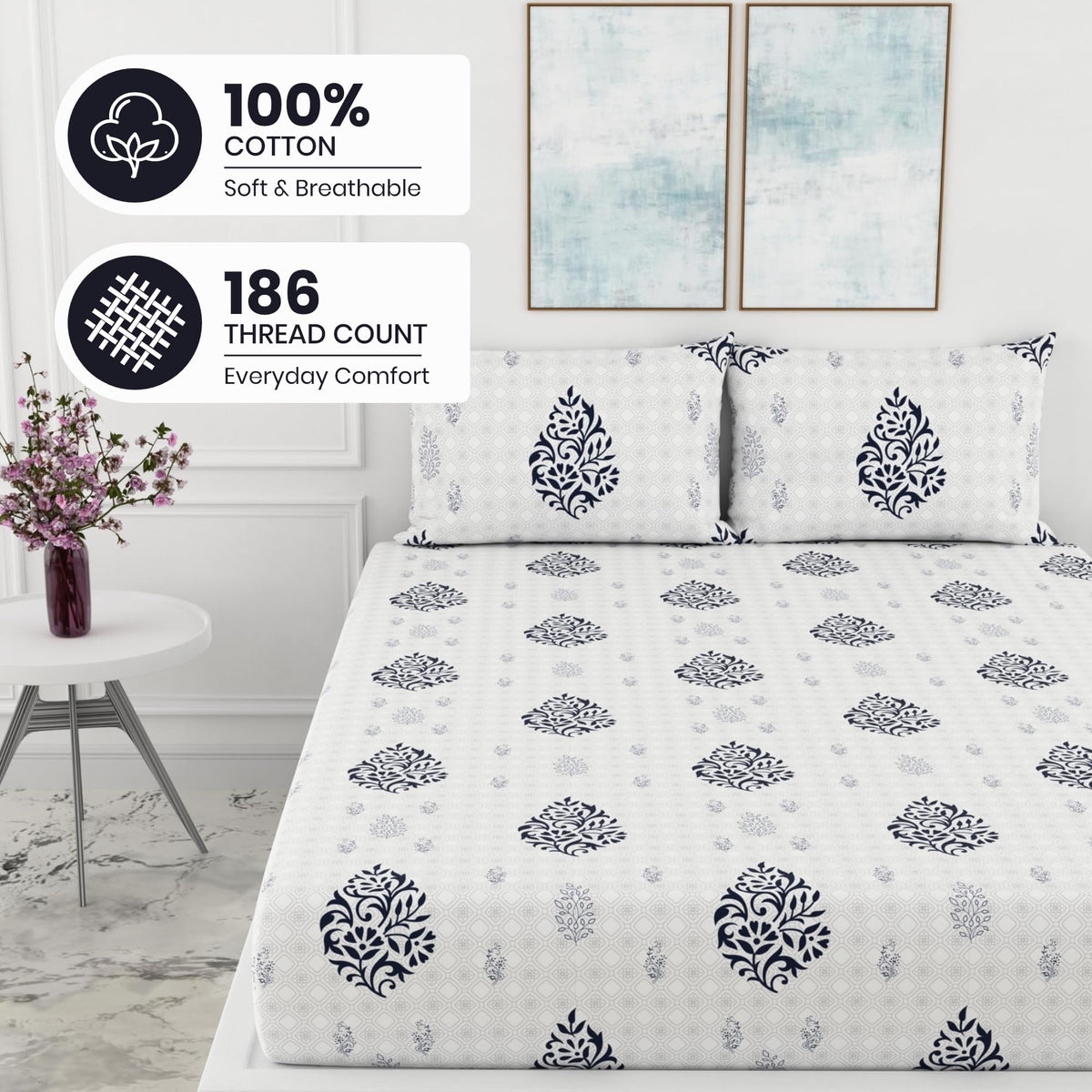 Navy Blue Floral Motif 186 TC Cotton King Size Elastic Fitted Bedsheet with 2 Pillow Covers - 78 x 72 Inches