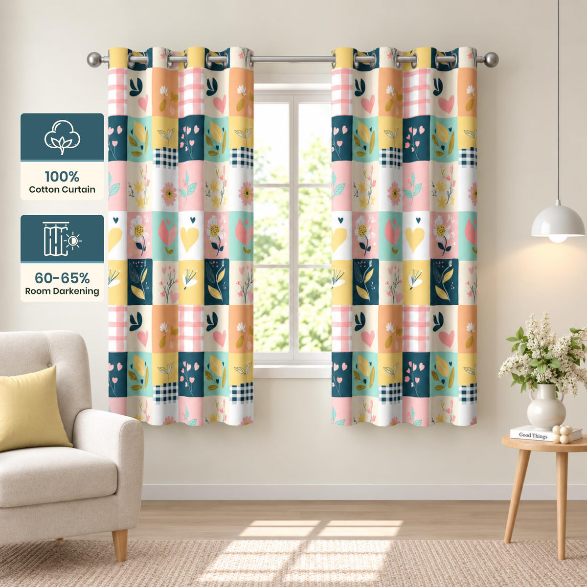 Pastel Garden Window Curtain - Cotton Set of 1 (4 x 5 ft)