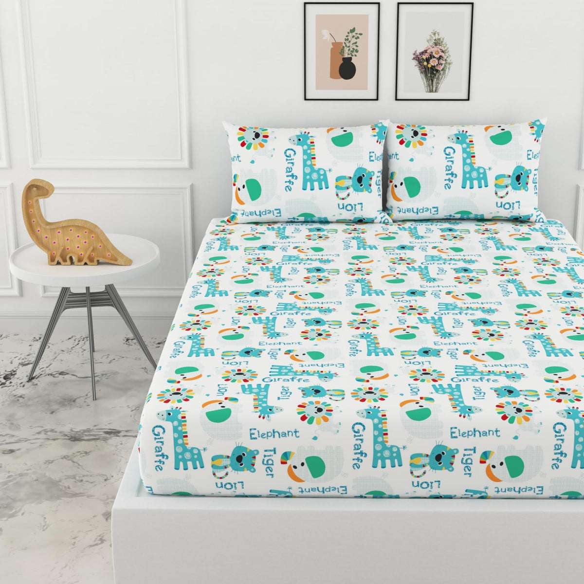 Loreto Cotton Double Fitted Bedsheet | Rainbow Animal Parade
