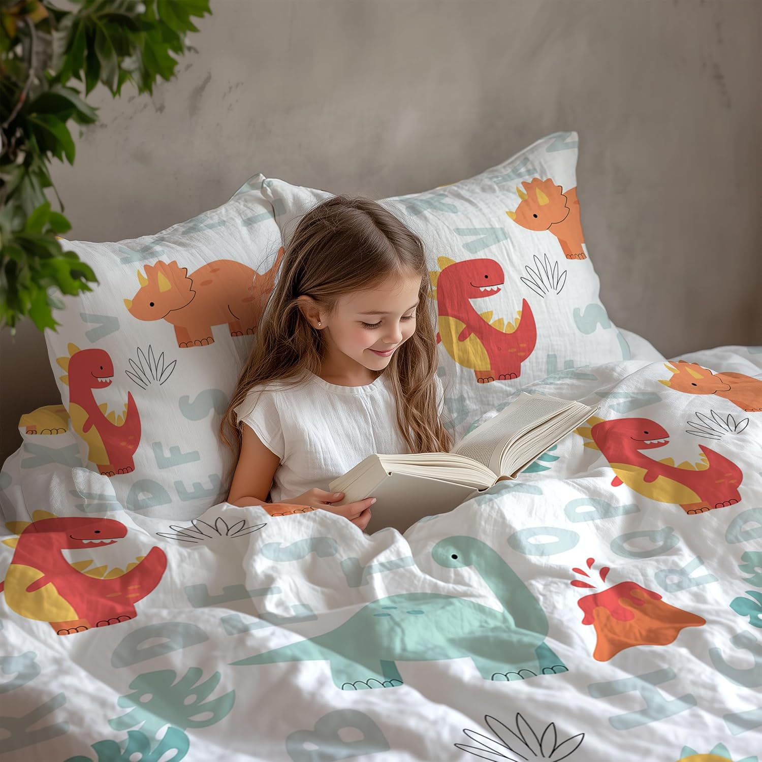 Orange & Mint Alphabet Dino Play Soft & Breathable 100% Cotton Flat King Bedsheet, 144 TC