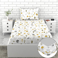 Loreto Cotton Single Fitted Bedsheet | Kids House Drawing Design