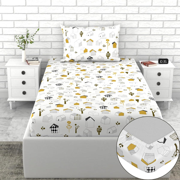 Loreto Cotton Single Fitted Bedsheet | Kids House Drawing Design