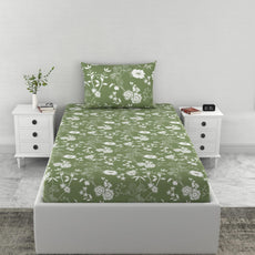 Loreto Olive Green Floral Whisper Single Fitted Bedsheet | 144 TC | 100% Cotton | Fits 72 x 36 Inches | 8 Inch Pocket - main product image
