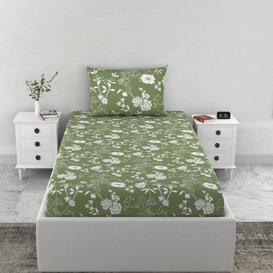 Loreto Olive Green Floral Whisper Single Fitted Bedsheet | 144 TC | 100% Cotton | Fits 72 x 36 Inches | 8 Inch Pocket - main product image