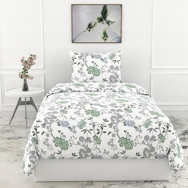 Loreto Cotton Single Bedsheet | Sage Green & Silver Blooms Soft & Breathable
