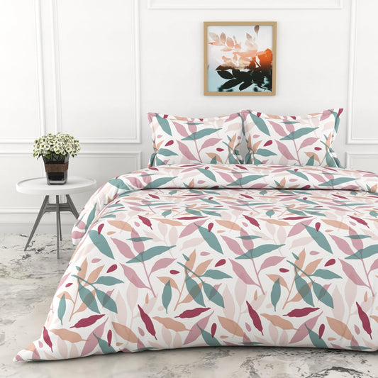 Pink Leaf Double Bedsheet - 210 TC 100% Cotton with 2 Pillow Covers (90 x 90 Inches)