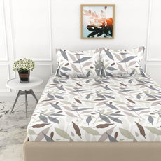 Grey Leaf Double Bedsheet - 210 TC 100% Cotton with 2 Pillow Covers (90 x 90 Inches)