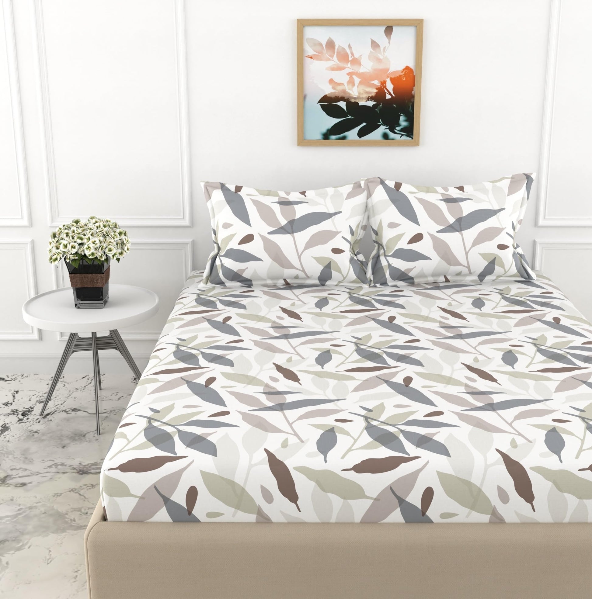 Grey Leaf Double Bedsheet - 210 TC 100% Cotton with 2 Pillow Covers (90 x 90 Inches)