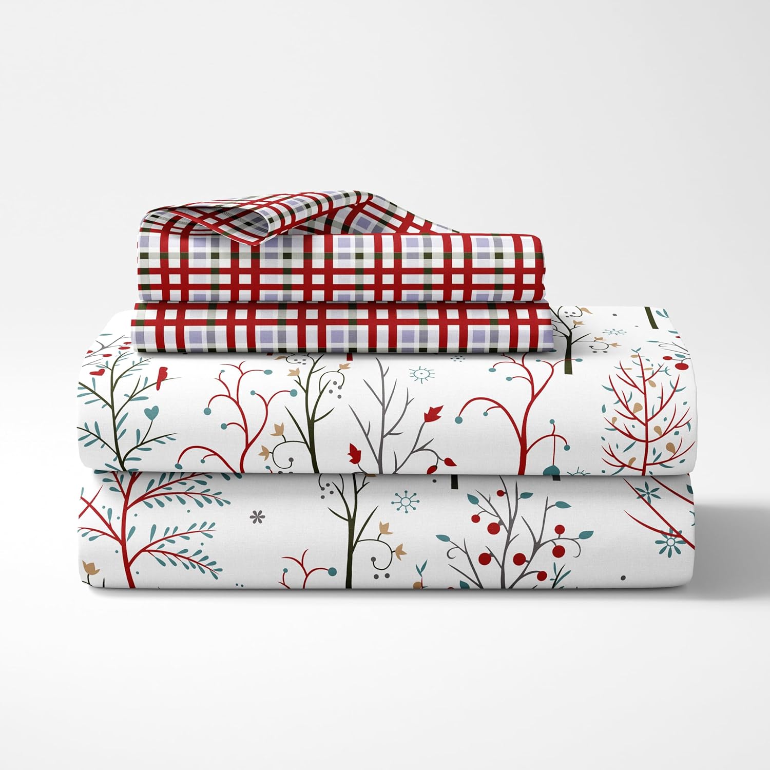 Red and Teal with Plaid Accent 100% Cotton Flat Double Bedsheet, 186 TC