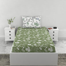 Loreto Cotton Single Fitted Bedsheet | Green Floral Elegance 144 TC