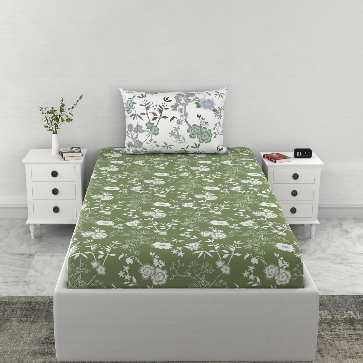 Loreto Olive Green Floral Elegance Single Fitted Bedsheet | 144 TC | 100% Cotton | Fits 72 x 36 Inches | 8 Inch Pocket - main product image