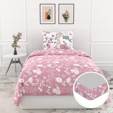 Soft Pink Florals 144 TC 100% Cotton Elastic Fitted Single Bedsheet with 1 Pillow Cover - 78 x 36 Inches