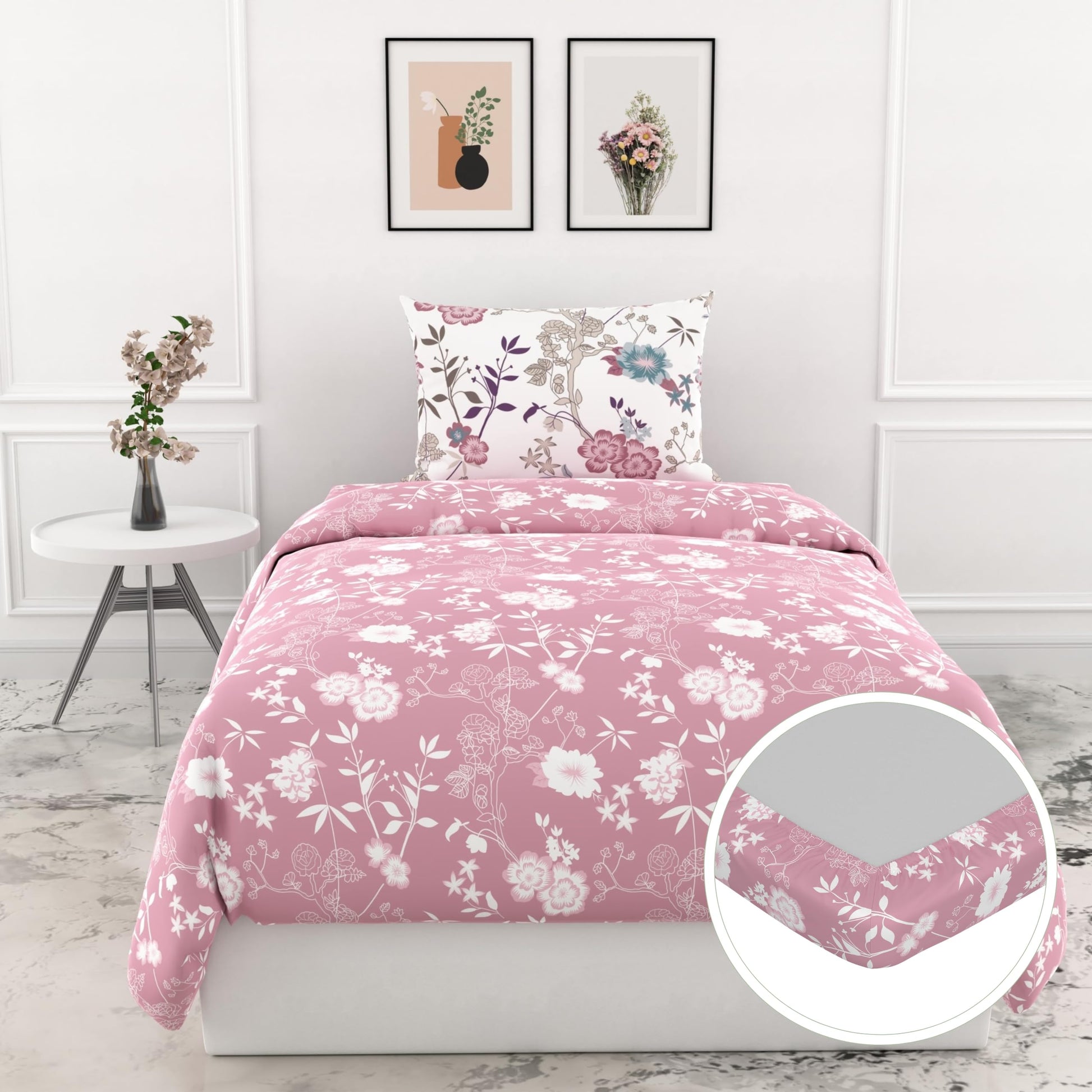 Soft Pink Florals 144 TC 100% Cotton Elastic Fitted Single Bedsheet with 1 Pillow Cover - 78 x 36 Inches