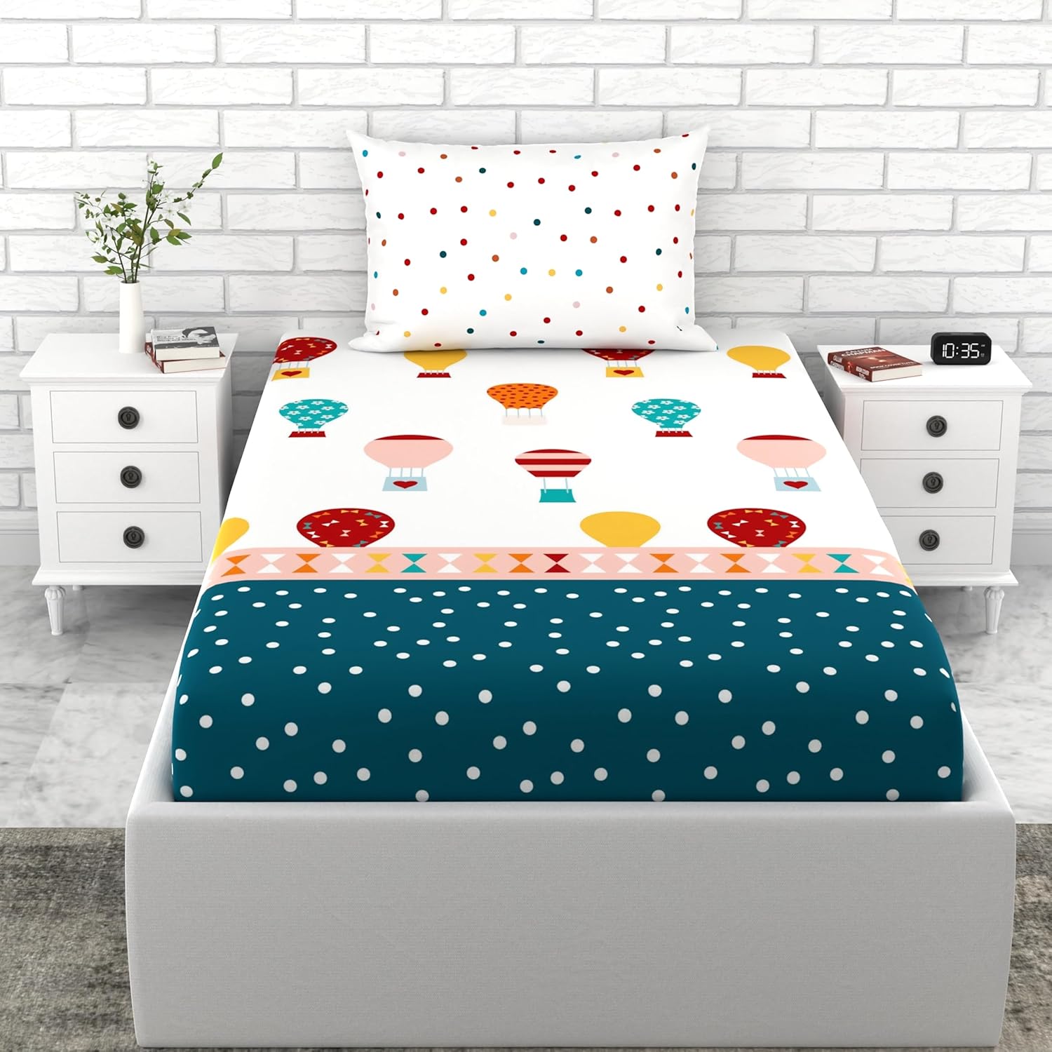Loreto Cotton Single Bedsheet | Red and Blue Hot Air Balloon