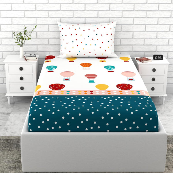 Loreto Cotton Single Bedsheet | Red and Blue Hot Air Balloon
