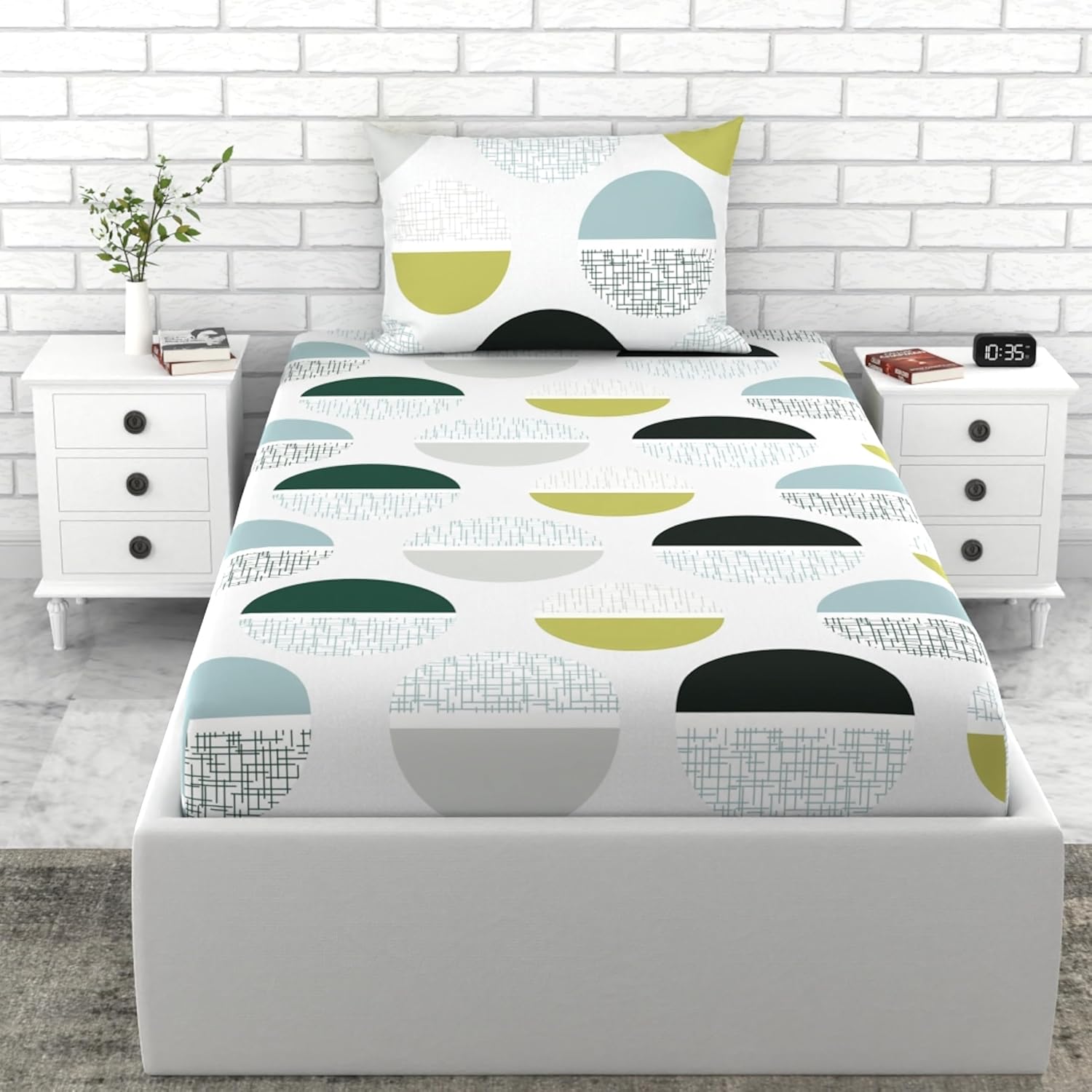 Charcoal Grey & Mustard Yellow Modern Geometric 100% Cotton Single Fitted Bedsheet, 144 TC
