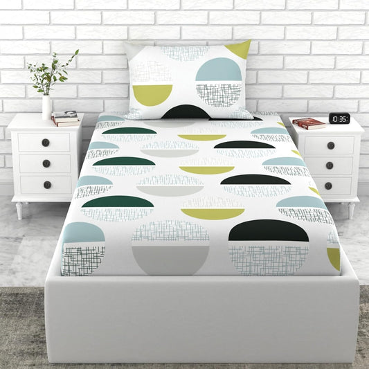 Loreto Cotton Single Bedsheet | Muted Grey and Lime Circle Design