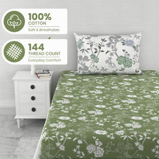 Green Floral Elegance 144 TC 100% Cotton Elastic Fitted Single Bedsheet with 1 Pillow Cover - 78 x 36 Inches