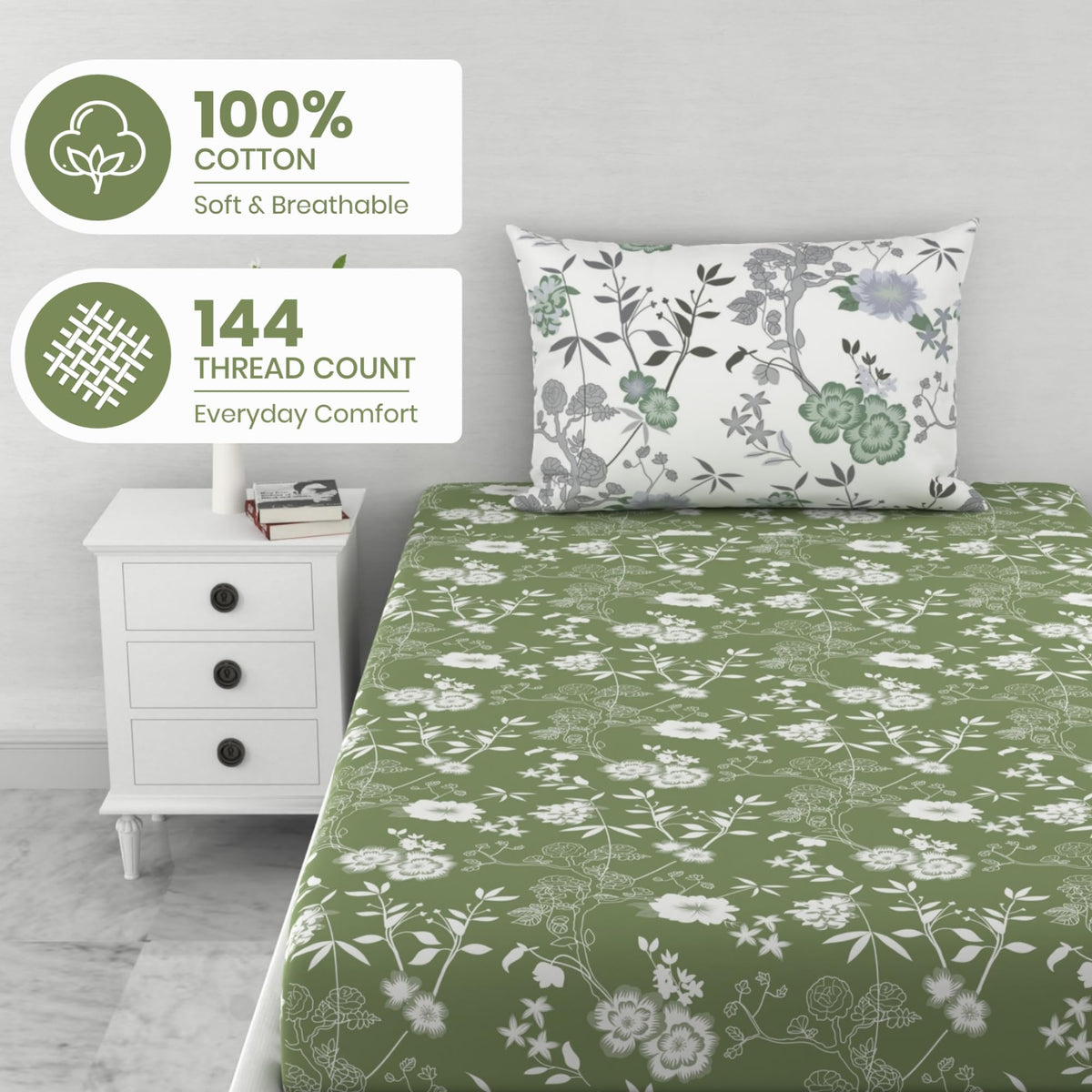 Green Floral Elegance 144 TC 100% Cotton Elastic Fitted Single Bedsheet with 1 Pillow Cover - 78 x 36 Inches